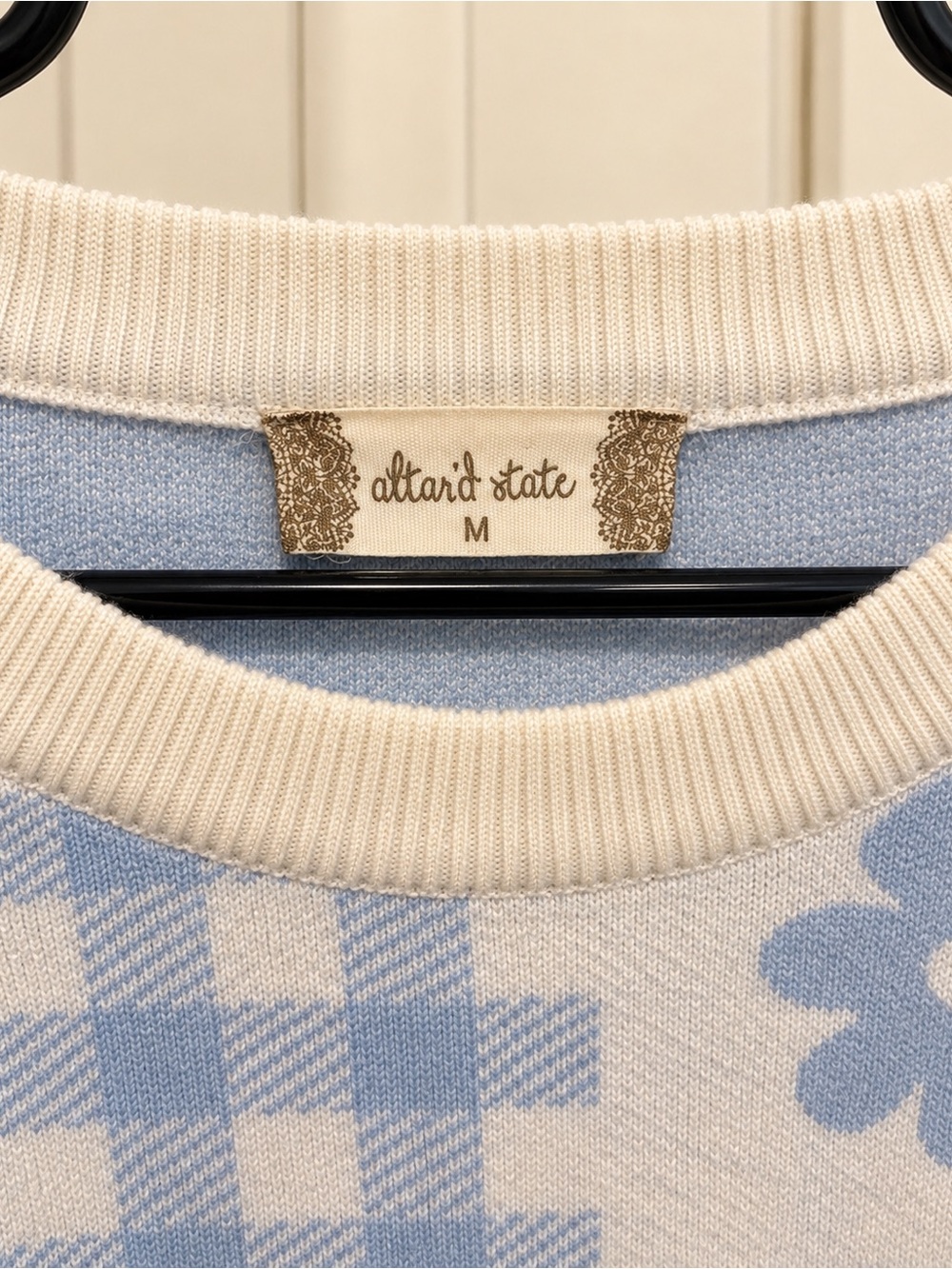 Altar'd State Light Blue and White Floral Gingham Crewneck Sweater - Picture 4 of 5